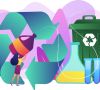 Recycling-Logo neben Phiolen und einer grünen Mülltonne